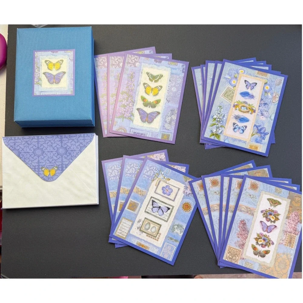 New Seasons Butterfly Note Cards Set 16 Blank Stationery Blue Envelopes Boxed